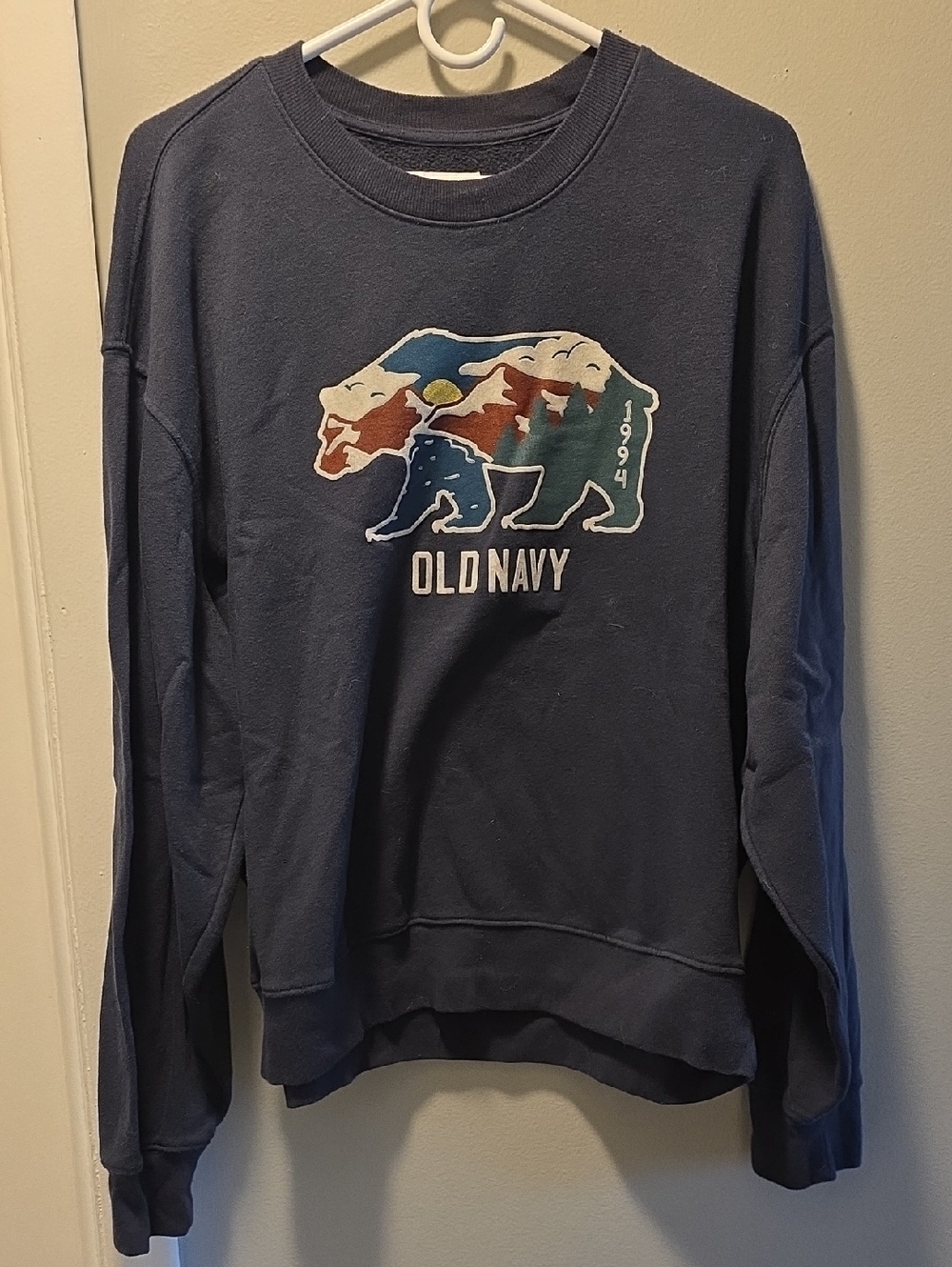 Old Navy Navy Crewneck Sweatshirt with Multicolor Bear Graphic